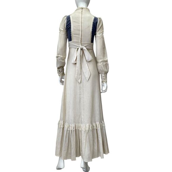 Gunne Sax Style Vintage 1970’s Peasant Dress Blue Velvet Panels Maxi Length XS - Picture 6 of 13